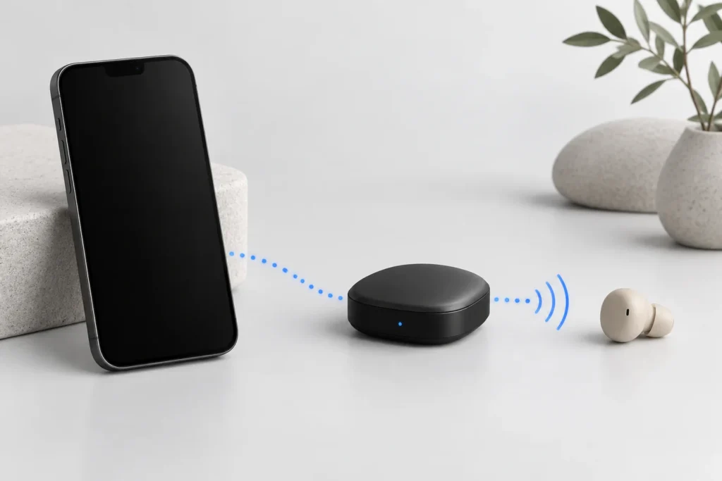 Editorial illustration of a smartphone, Bluetooth audio bridge and miniature earpiece.