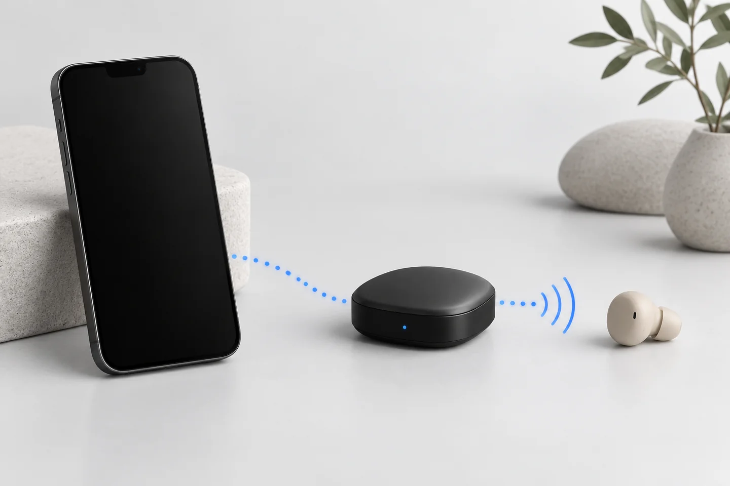 Editorial illustration of a smartphone, Bluetooth audio bridge and miniature earpiece.