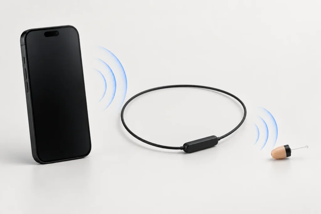 Conceptual editorial illustration of a phone, induction neckloop and miniature earpiece.
