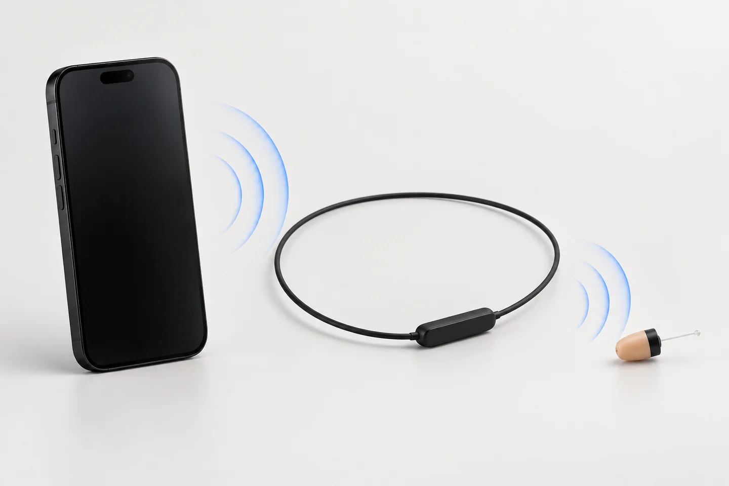 Conceptual editorial illustration of a phone, induction neckloop and miniature earpiece.