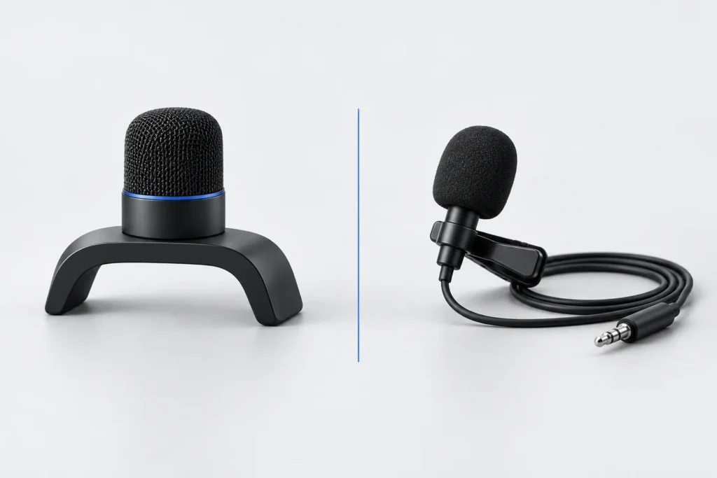 Conceptual editorial illustration comparing built-in and wired microphone arrangements.
