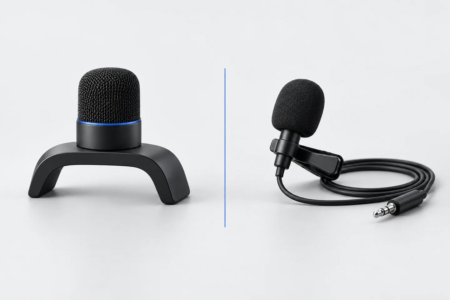 Conceptual editorial illustration comparing built-in and wired microphone arrangements.