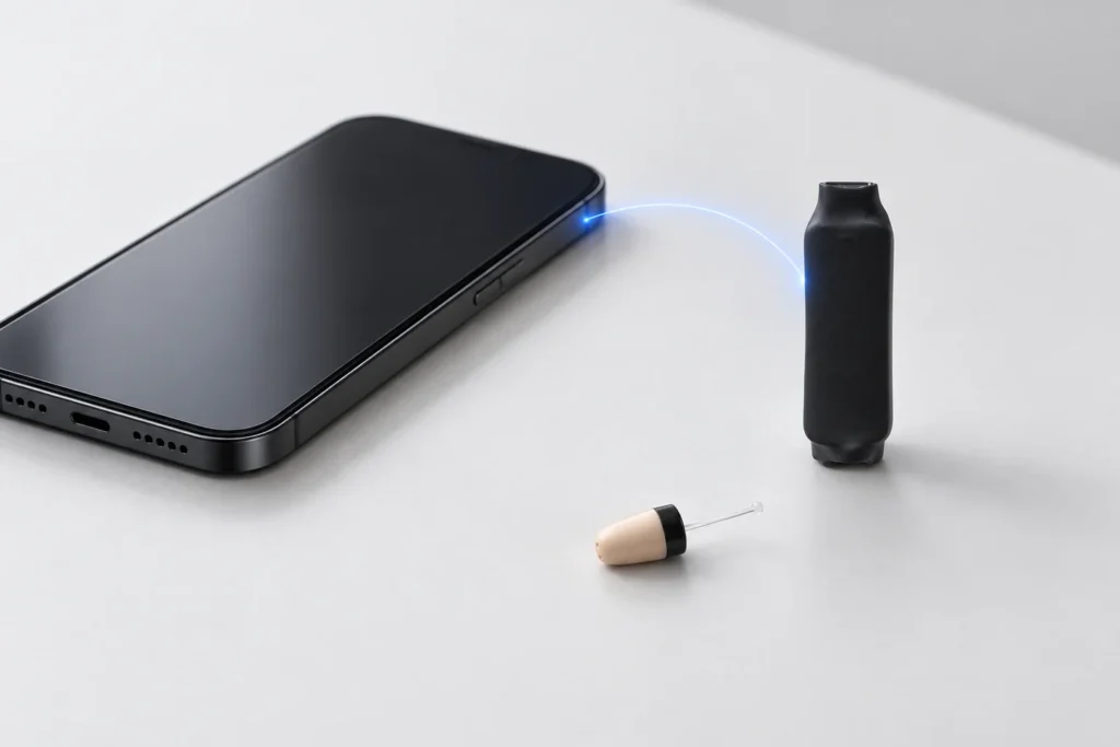Editorial illustration of a phone and Bluetooth audio bridge for pairing preparation.