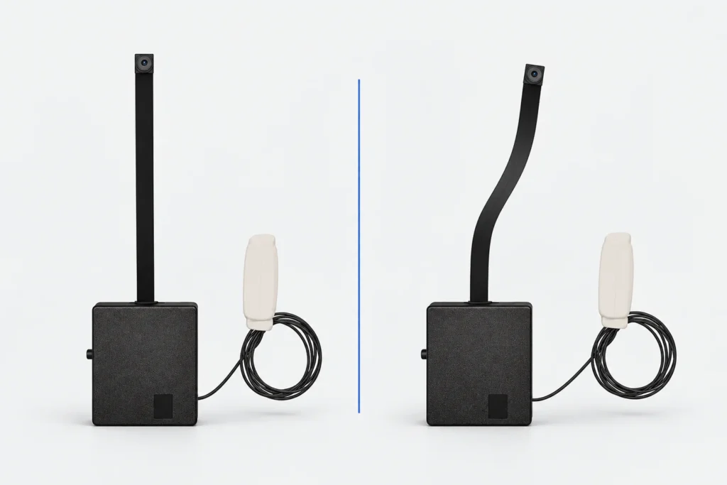 Editorial illustration of two compact camera modules with ribbon lenses, coiled cables and white inline components.