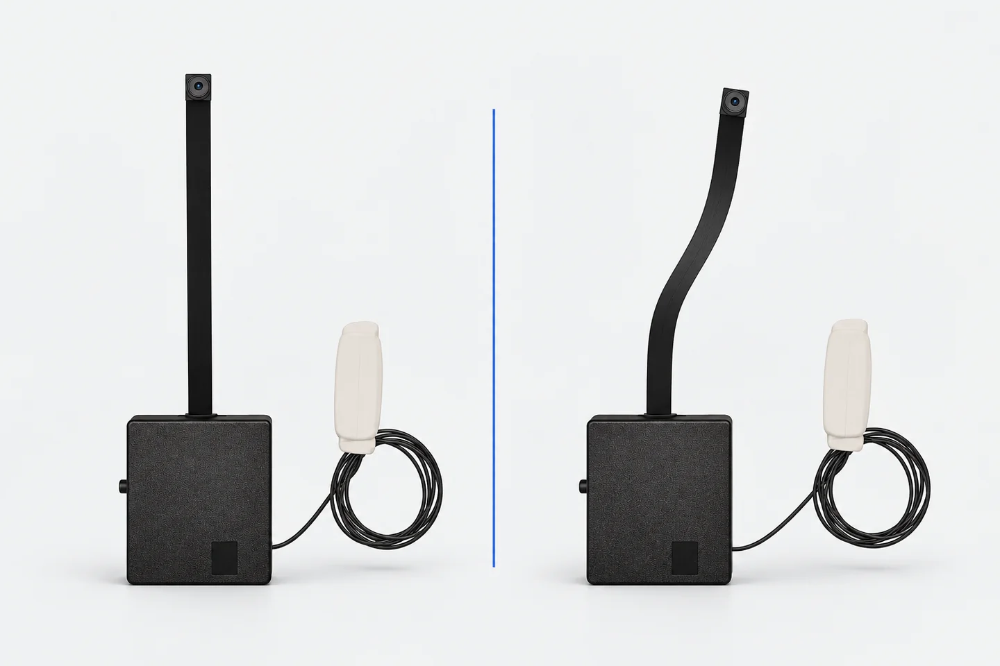 Editorial illustration of two compact camera modules with ribbon lenses, coiled cables and white inline components.