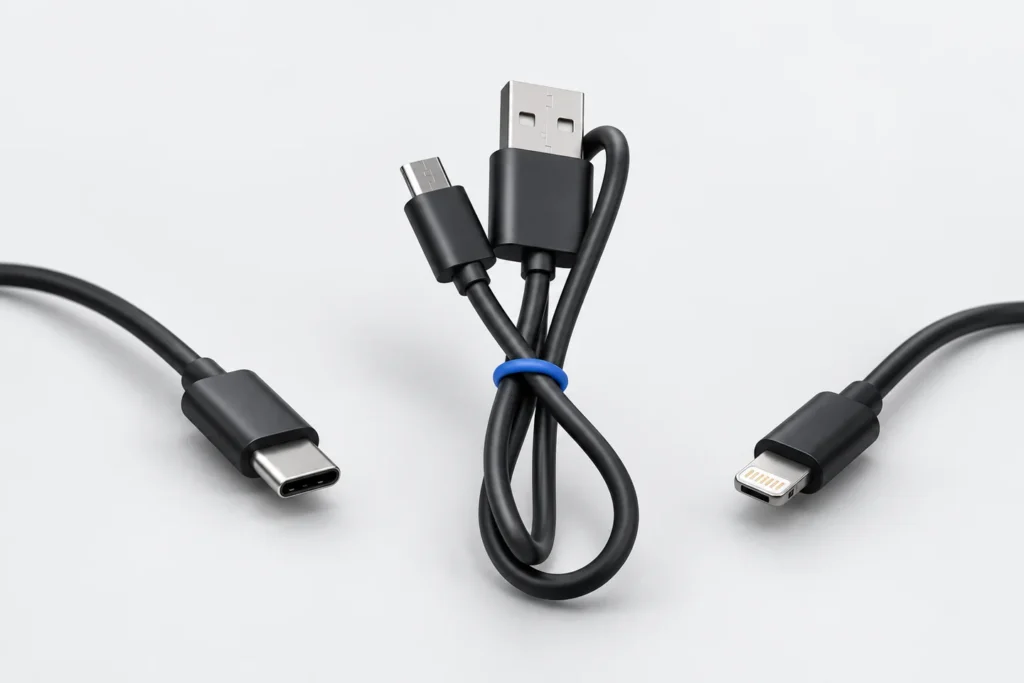Editorial illustration of several charging cable connectors.