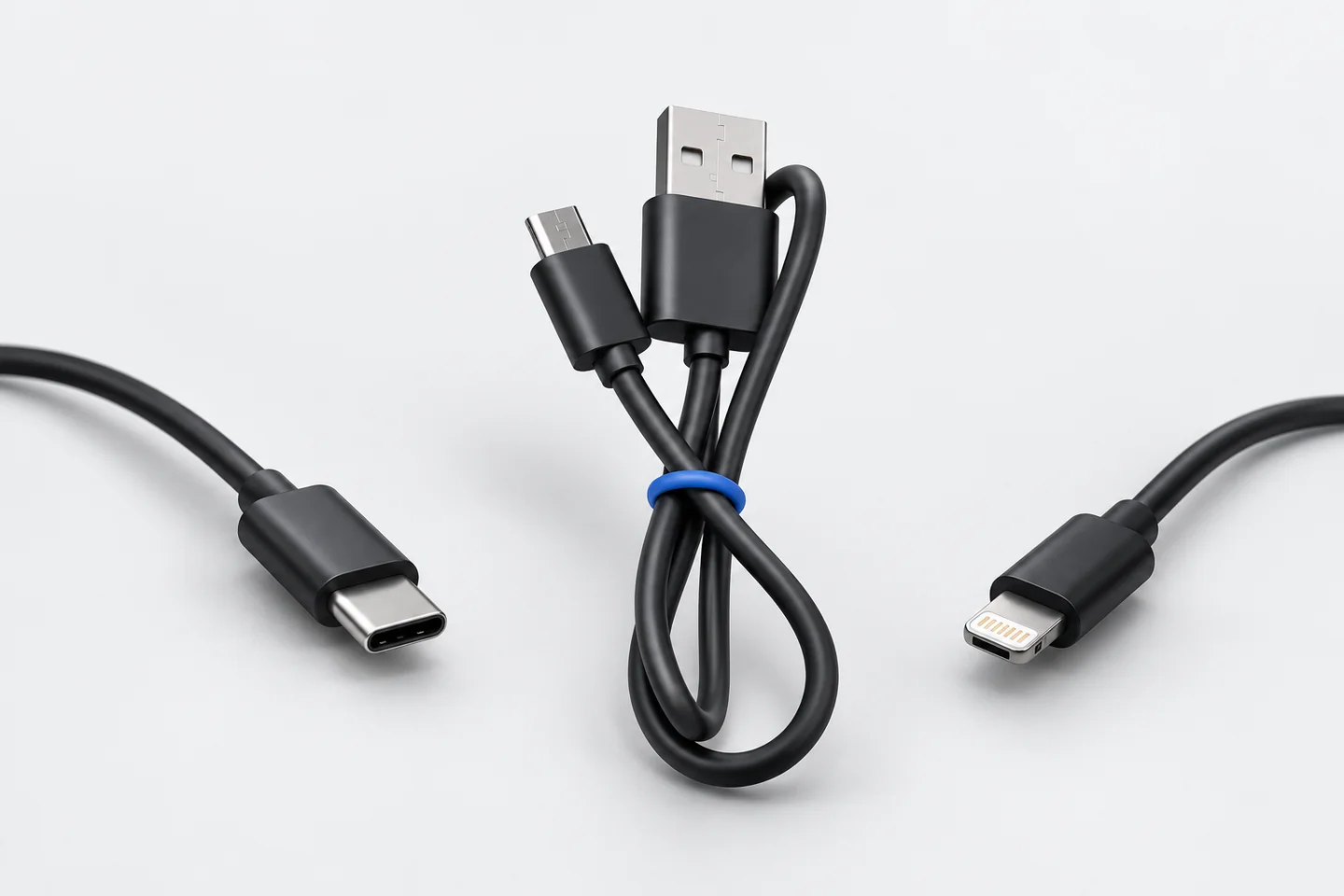 Editorial illustration of several charging cable connectors.