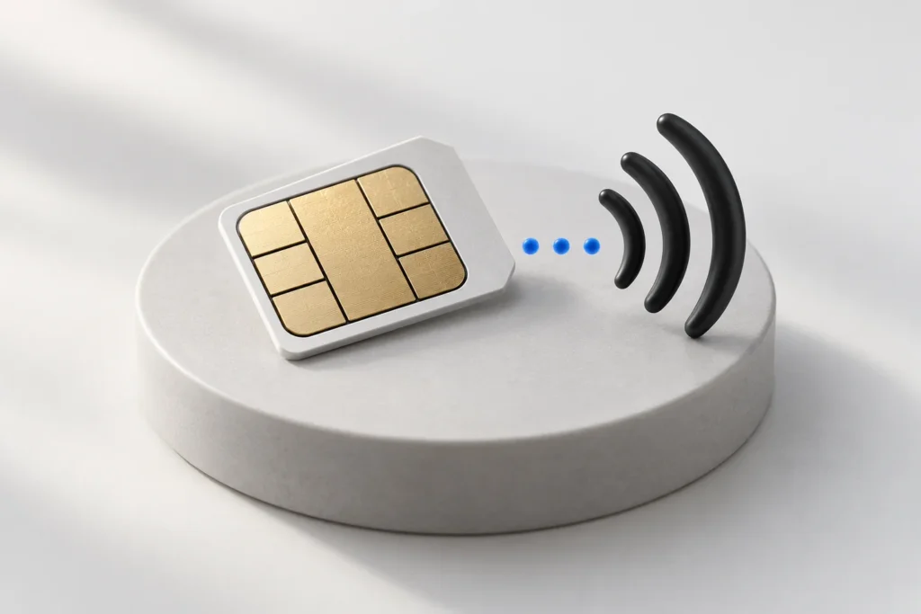 Conceptual editorial illustration of a SIM card beside a wireless signal symbol.