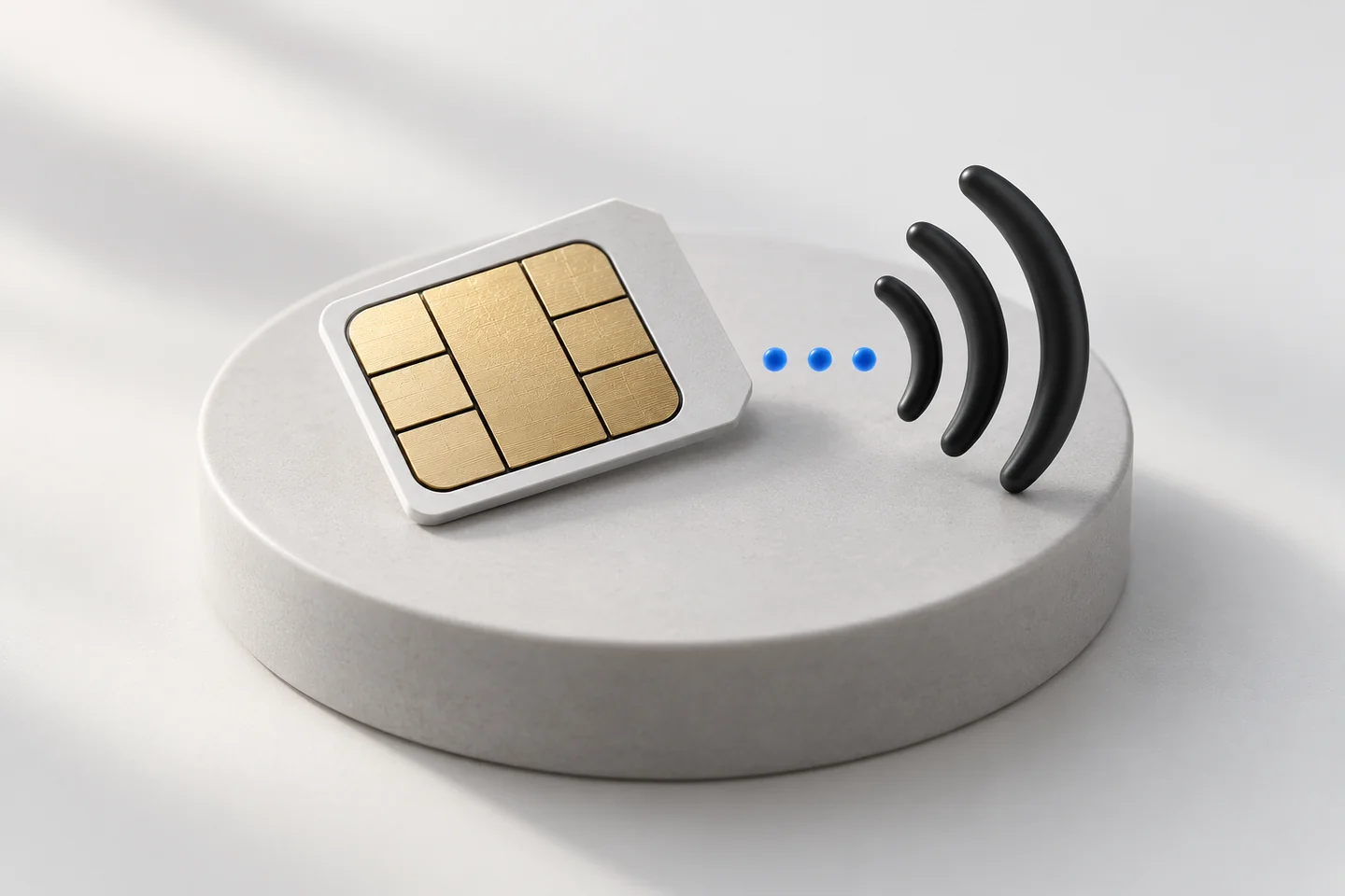 Conceptual editorial illustration of a SIM card beside a wireless signal symbol.