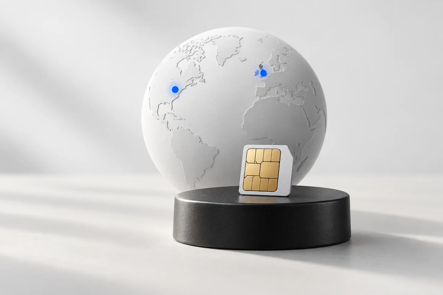 Conceptual editorial illustration of a SIM card in front of a globe with two blue location markers.