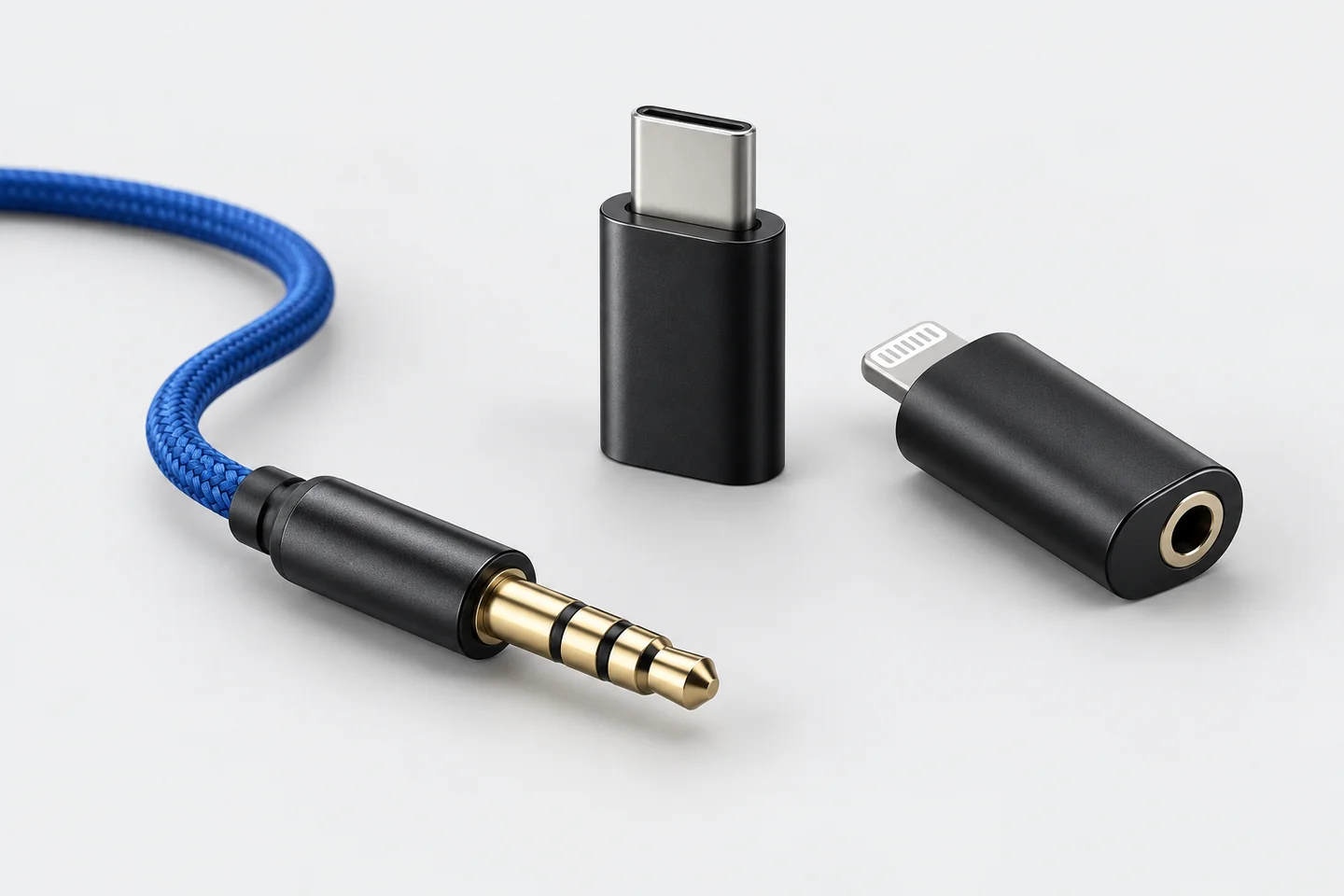 Conceptual editorial illustration of two audio adapters and a jack plug on a blue braided cable.