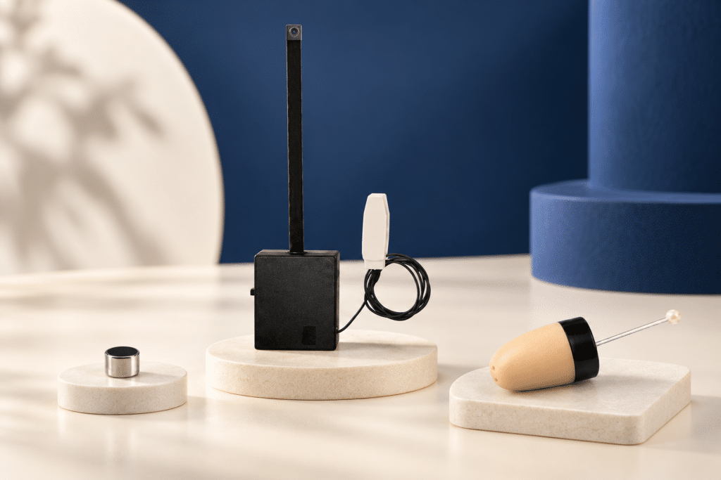 Illustrative Camera Pro assembly with separate Nano and Vip Pro receiver identification views