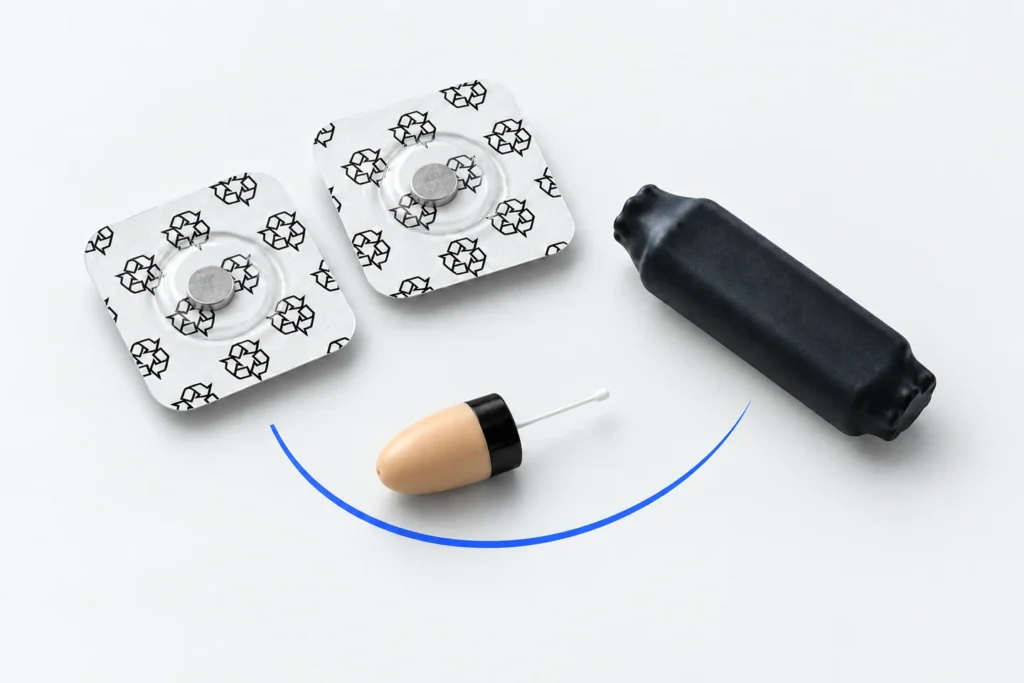 Editorial illustration of an earpiece, connection bridge and two battery packs
