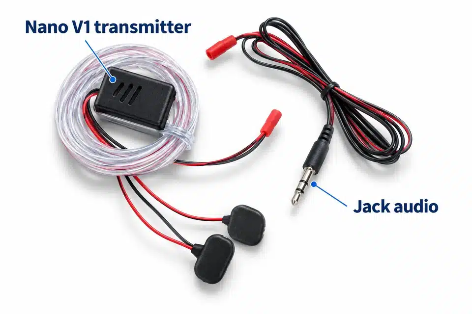 Translucent Nano V1 induction loop, black transmitter, rear views of battery snaps and Jack plug.