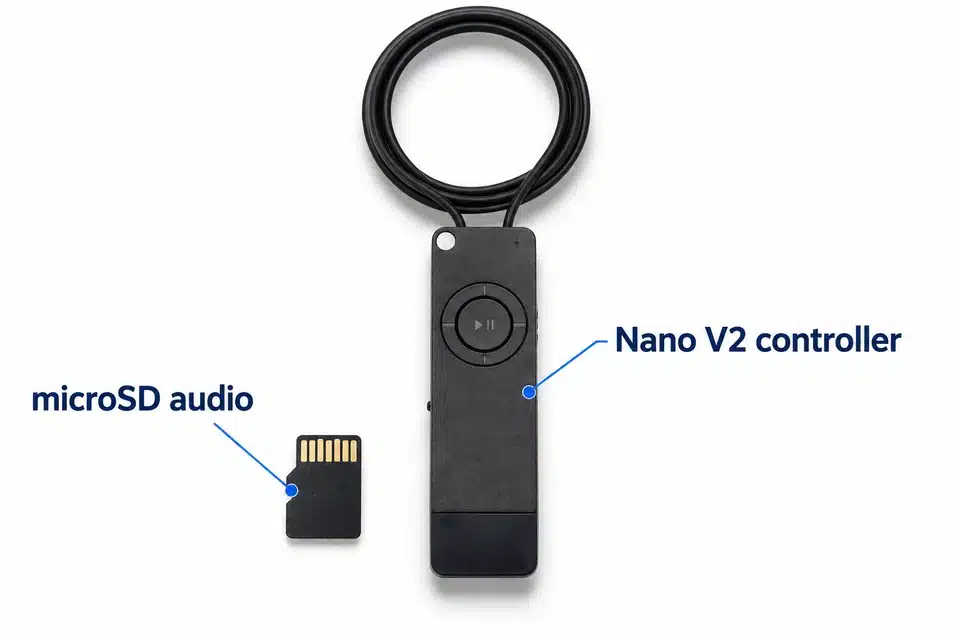 Black Nano V2 controller and separate microSD card.