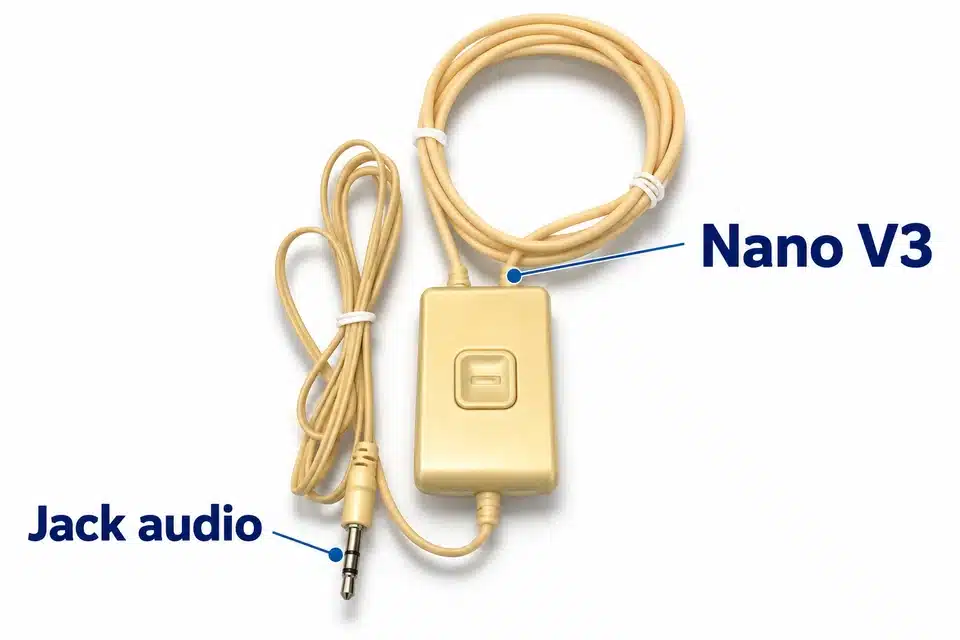 Gold Nano V3 controller, induction loop and wired Jack audio plug.