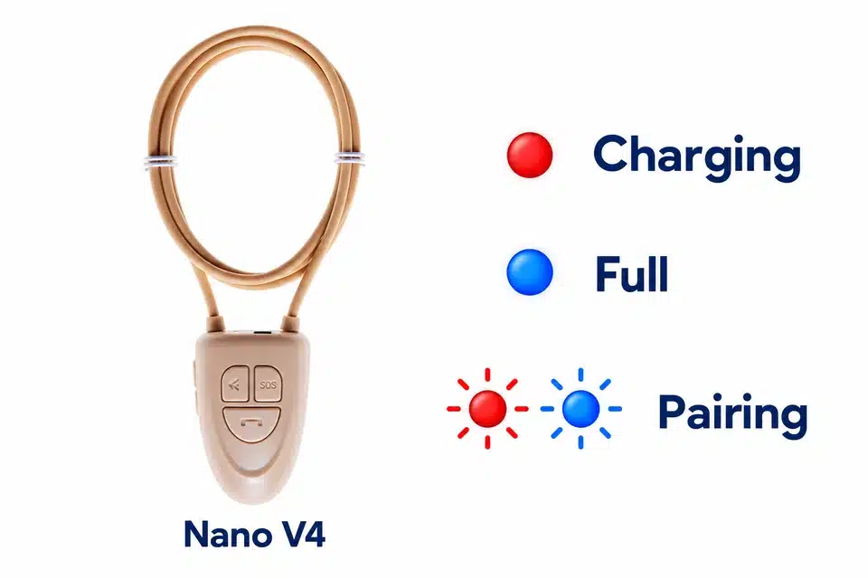 Beige Nano V4 and separate charging, full-charge and red-blue-pairing indications.