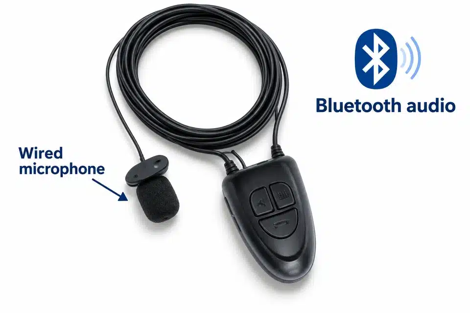 Black Nano V5 controller and neckloop, with a labelled wired microphone.
