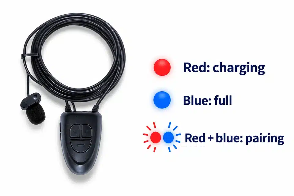 Black Nano V5 beside red-charging, blue-full and red-blue-pairing indications.