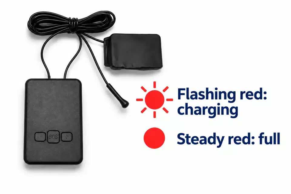Nano V6 beside separate flashing-red charging and steady-red full-charge indications.