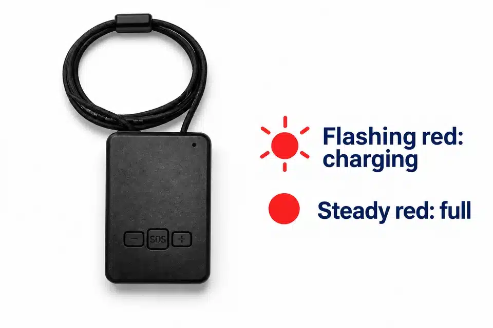 Nano V7 beside separate flashing-red charging and steady-red full-charge indications.