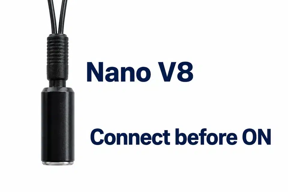 Black cylindrical Nano V8 unit, ribbed cable connector and partial wire leads.