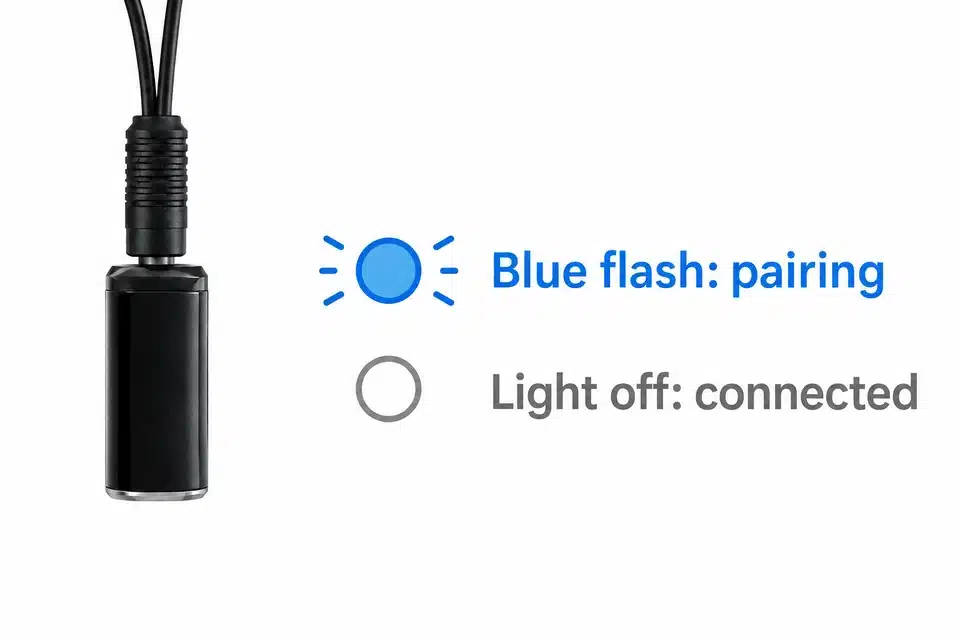 Nano V8 detail beside flat blue-flashing and light-off status symbols.
