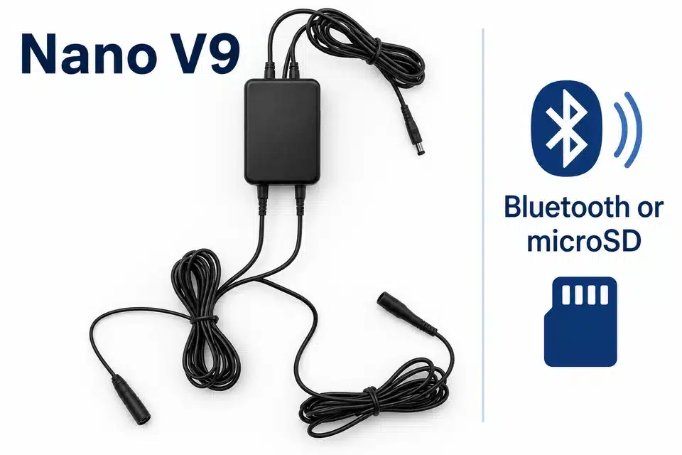 Black Nano V9 controller with its observed cables and separate Bluetooth and microSD mode symbols.