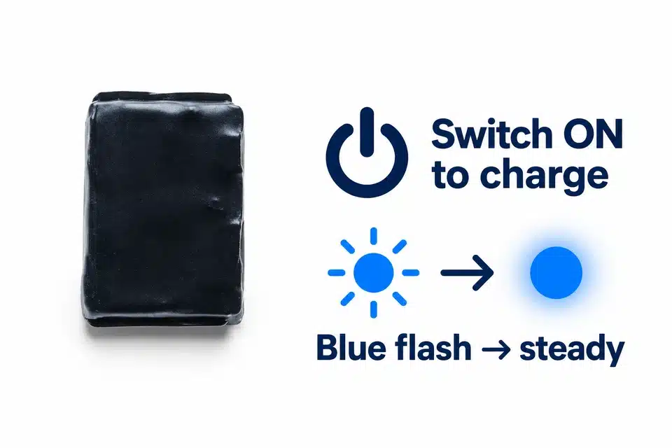 Wrapped hybrid unit beside switch-on-to-charge and blue-flash-to-steady indications.