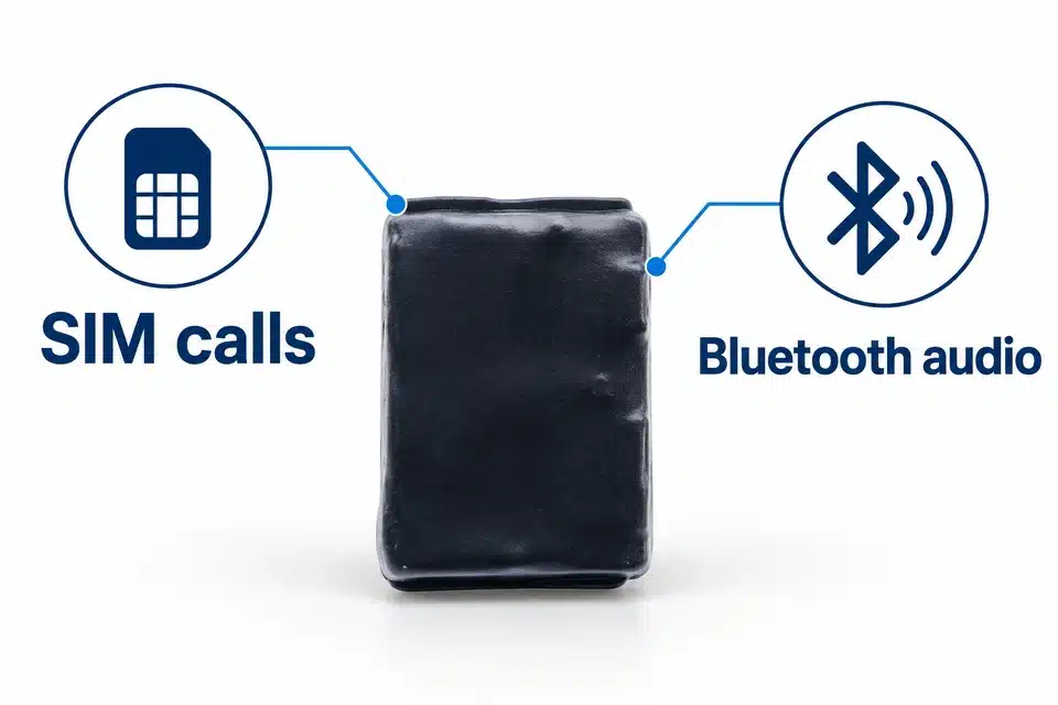 Wrapped Nano SIM-plus-Bluetooth unit with separate SIM-call and Bluetooth-audio pictograms.
