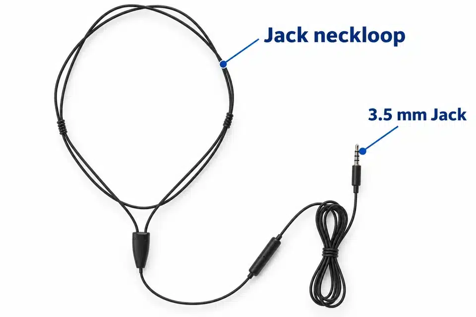 Jack induction neckloop, inline microphone and 3.5 mm headset plug.