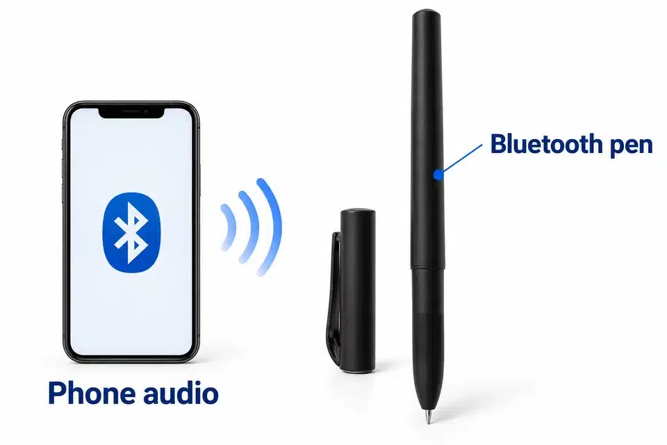 Black Bluetooth pen with its separate cap and a conceptual phone audio link.