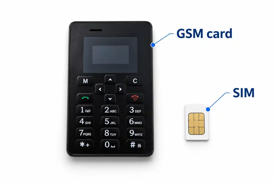 Black GSM keypad card and a separate SIM, with each label pointing to the correct object.