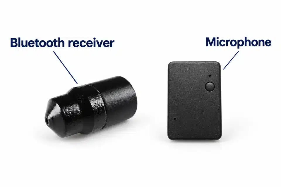 Black MegaMini Bluetooth receiver and its separate black microphone.
