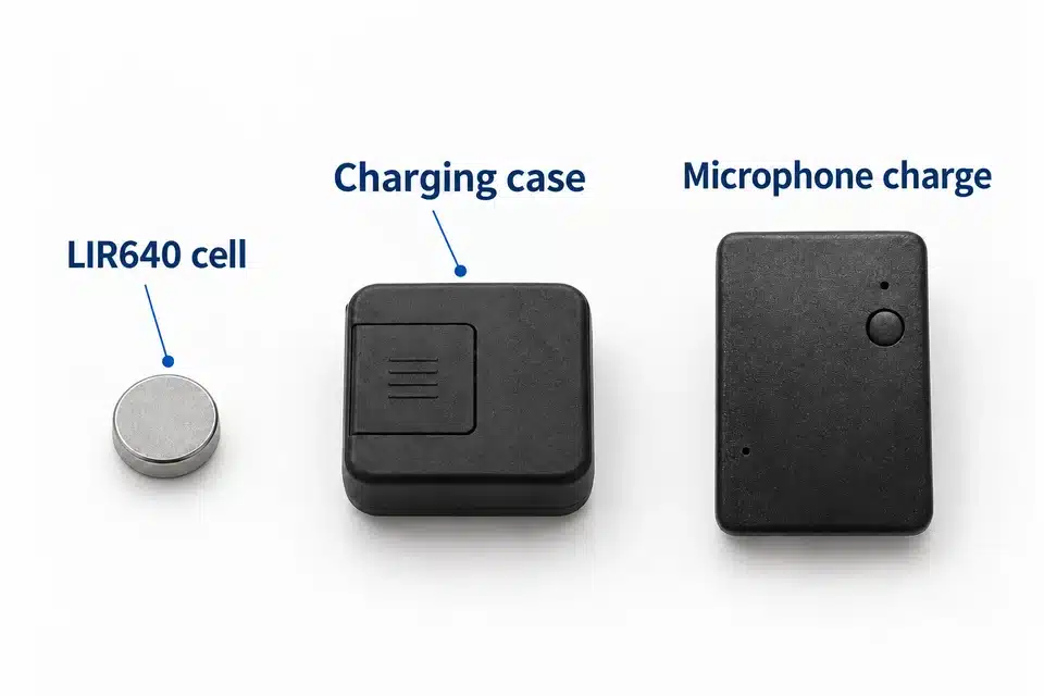 LIR640 rechargeable cell, closed slide-lid charging case and black microphone.