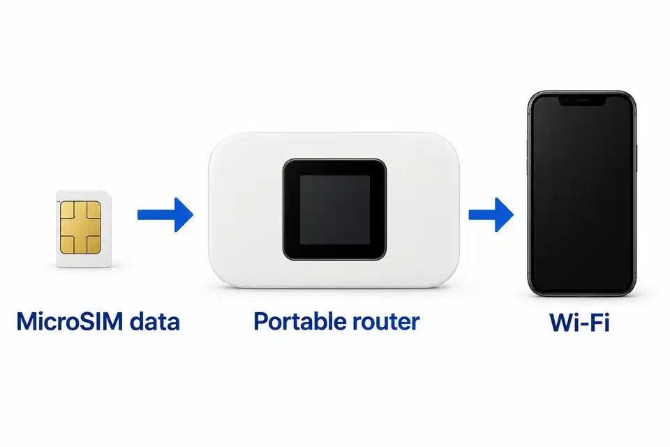 Micro SIM, white portable router and generic phone, linked by conceptual data and Wi-Fi arrows.