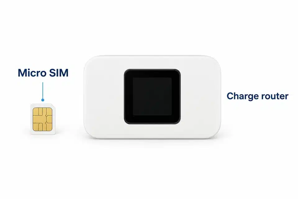 Separate Micro SIM beside the closed white portable router.