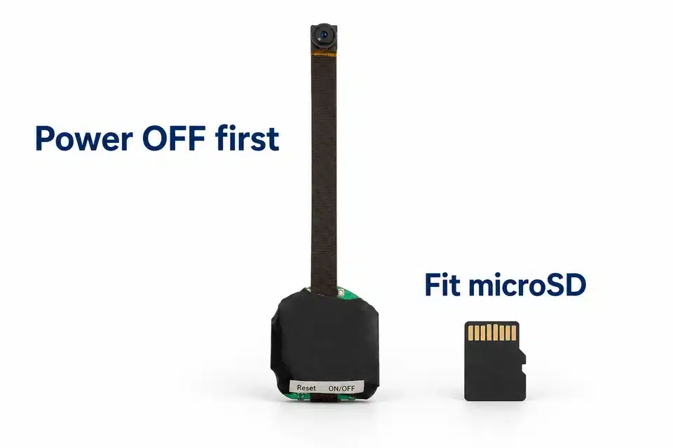 Camera assembly and separate microSD card beside a power-off instruction.