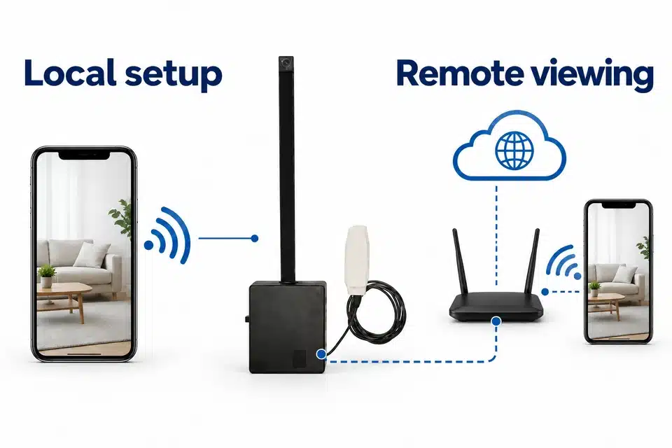 Camera Pro module and ribbon lens with a conceptual dashed network link from the main black camera body to a router.