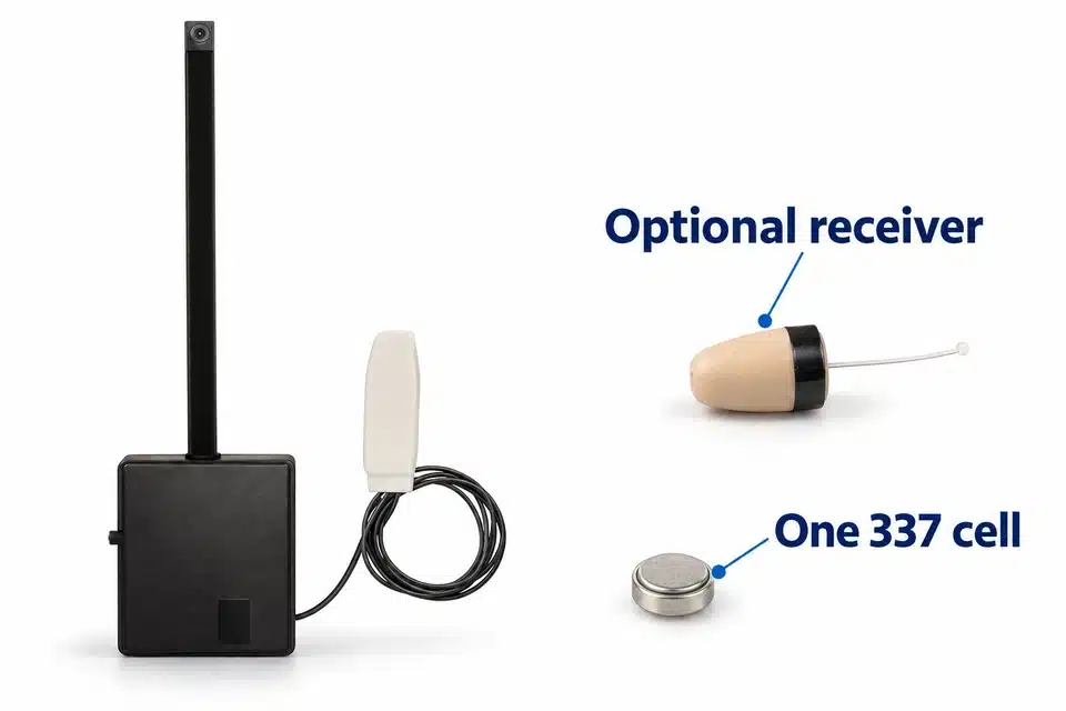 Camera Pro assembly beside an optional beige receiver and one separate 337 cell.