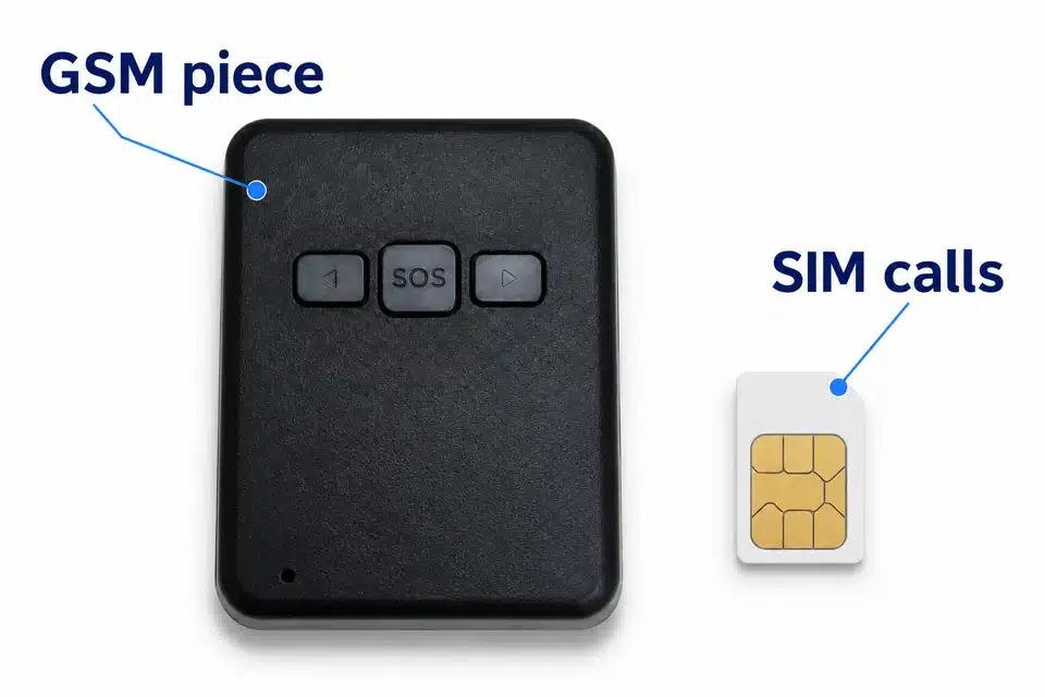 Black GSM inductor piece with three front keys and a separate SIM.