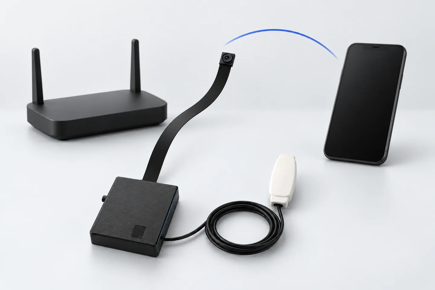 Editorial illustration of a mini Wi-Fi camera with a router and phone