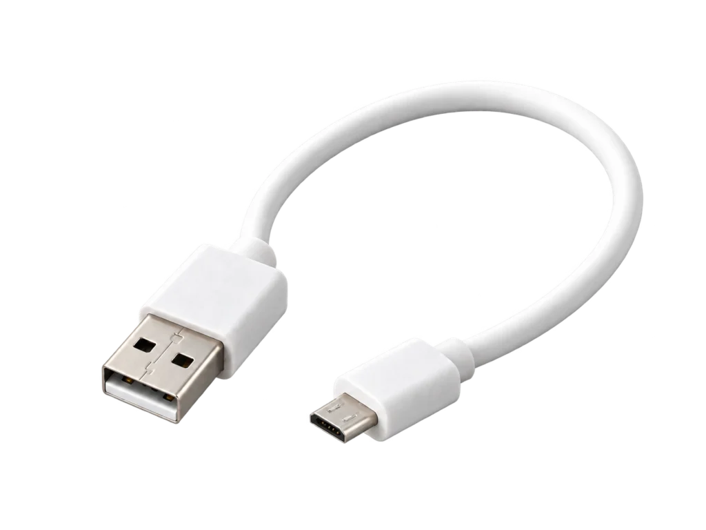 Editorial render of a white USB-A to micro-USB cable.