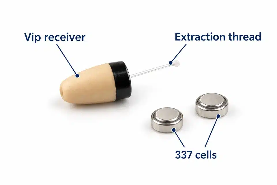Closed beige Vip receiver, extraction thread and two external 337 cells, one shown as a spare.
